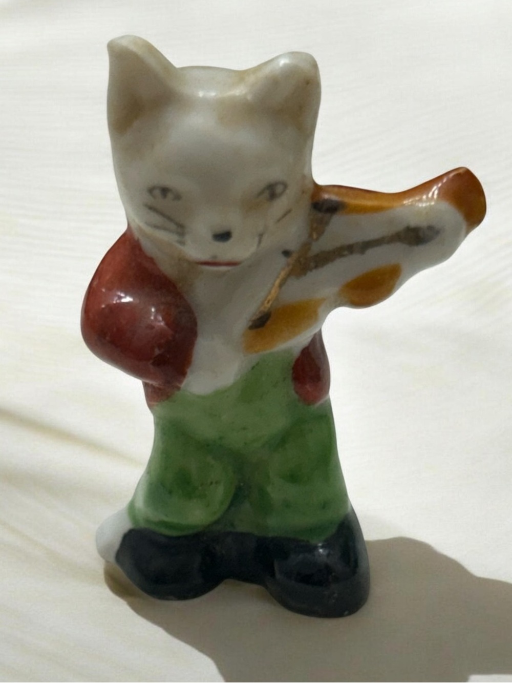 Vintage Signed Japan Miniature Cat Playing Fiddle Figurine-Porcelain